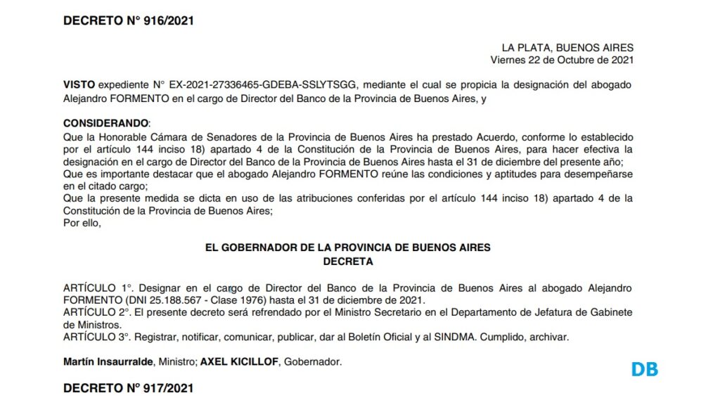 El decreto que oficializa a Alejandro Formento como director del Banco Provincia. 