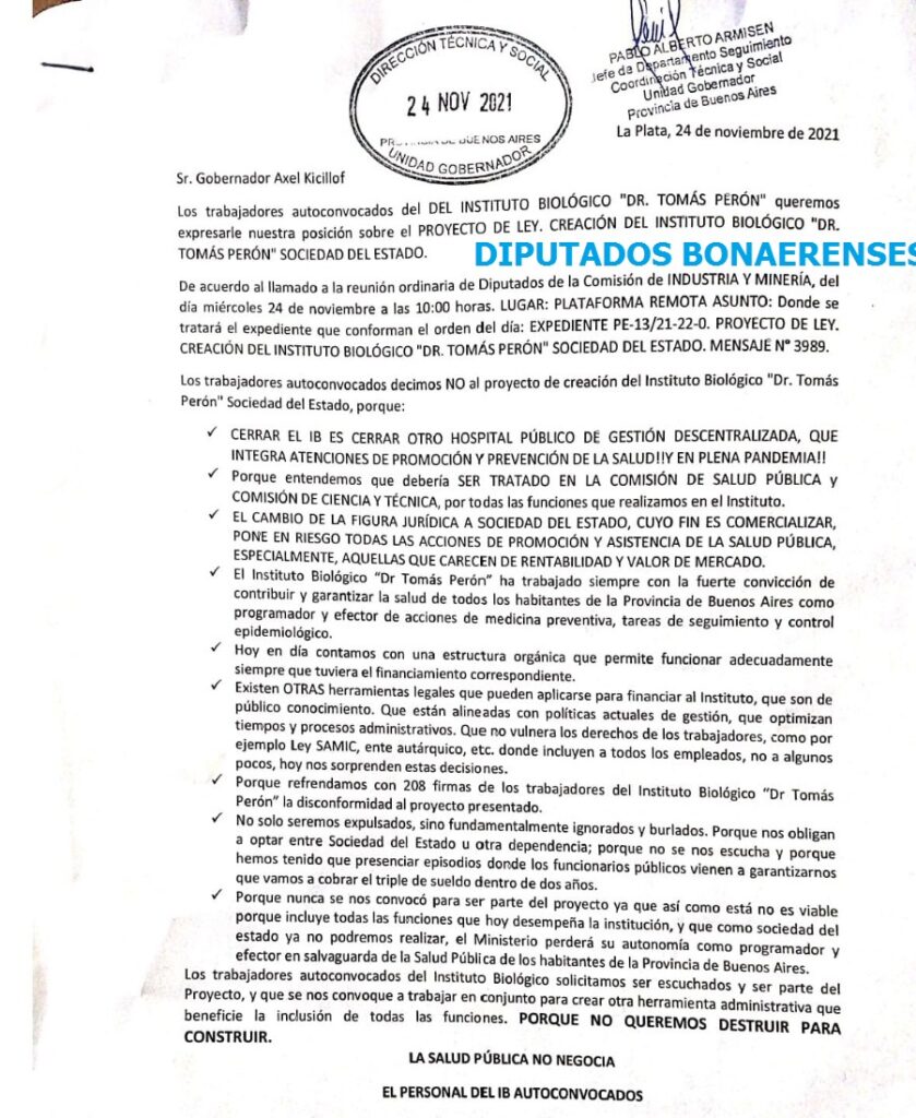 La carta que le presentaron los trabajadores del Instituto Biológico a Kicillof.