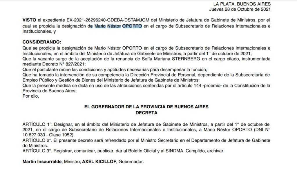 El decreto que designa a Mario Oporto. 