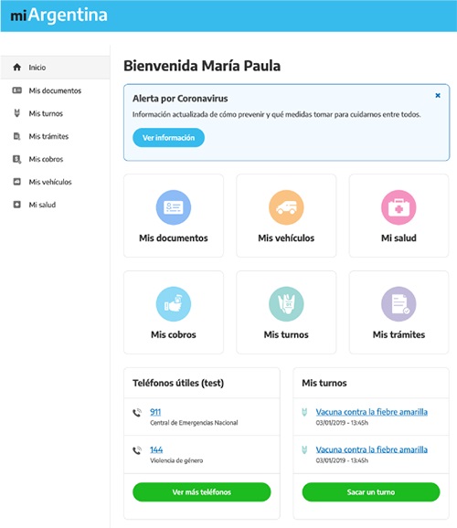 Panel de control de la App Mi argentina donde se podrá descargar el certificado de vacunación 