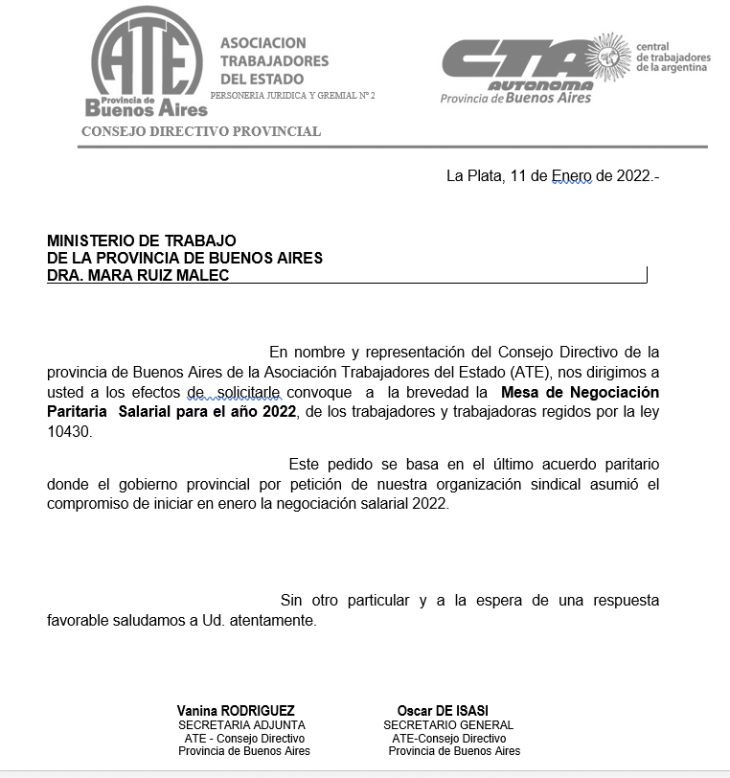 ATE envió una comunicación formal al ministerio de Trabajo para solicitar la apertura de las paritarias 2022
