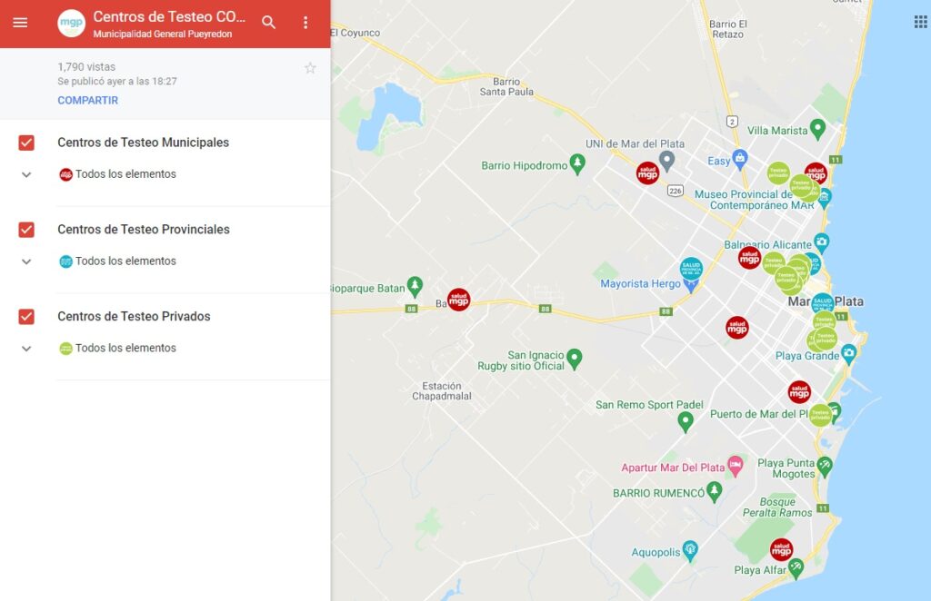  Mapeo interactivo de la Municipalidad de Mar del Plata con la ubicación de los centros de testeo.  