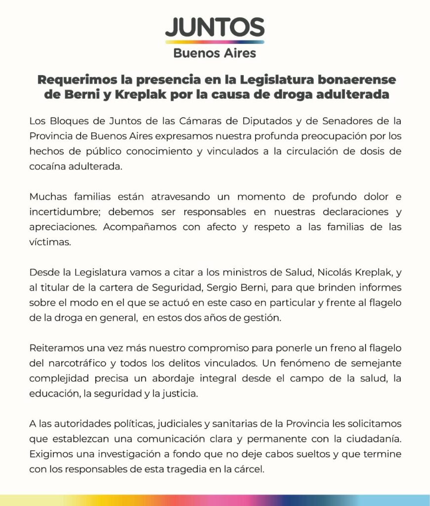 El comunicado de los diputados y senadores bonaerenses de Juntos 