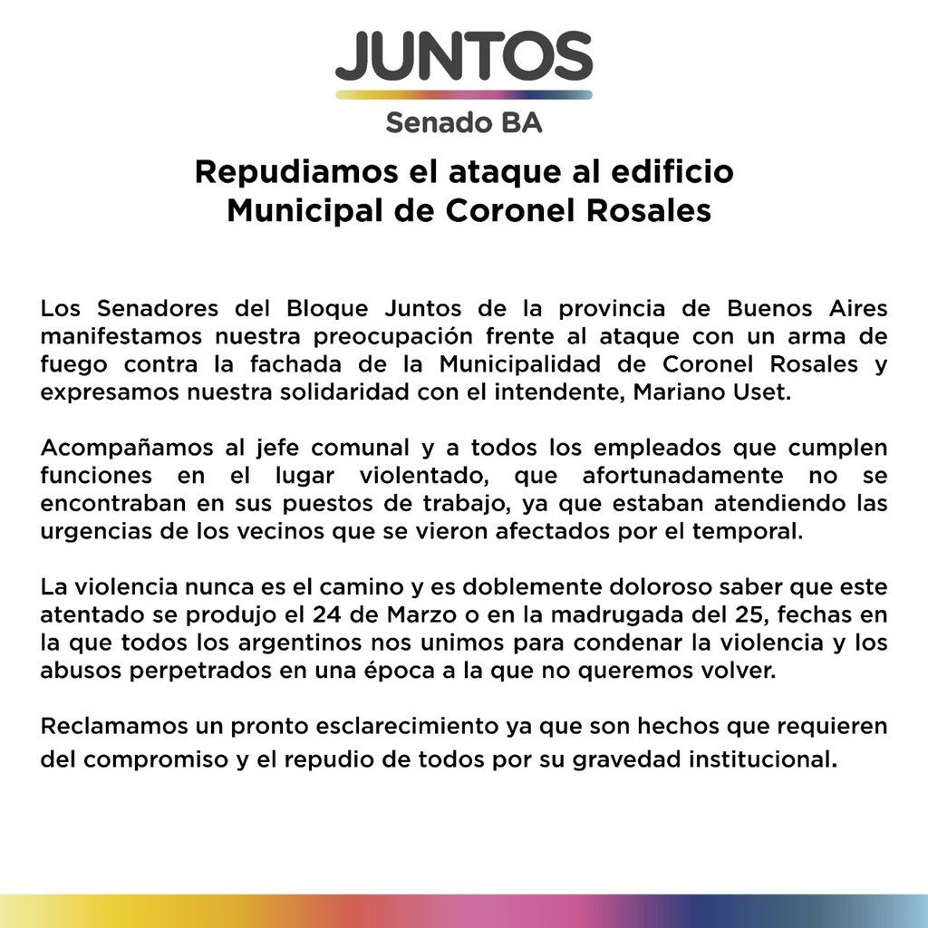 El comunicado de los senadores de Juntos por el atentado de Coronel Rosales.