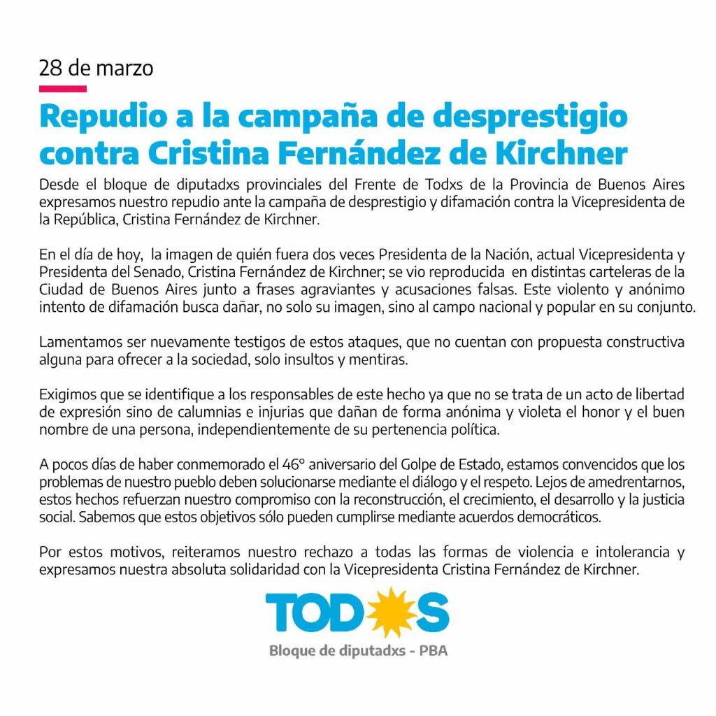 El comunicado de repudio de los diputados bonaerenses contra la campaña contra Cristina Kirchner.