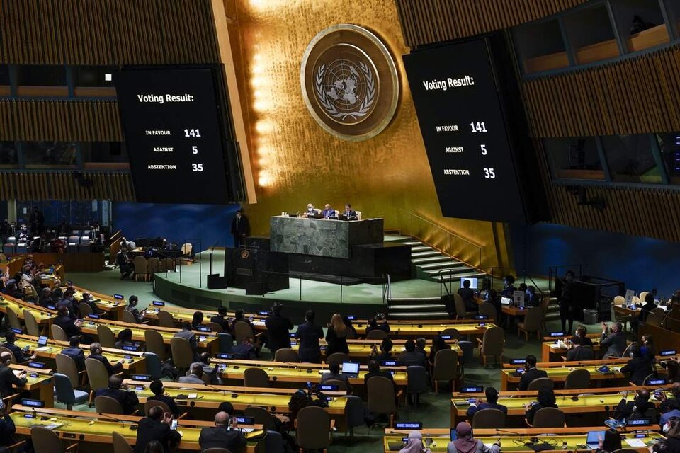 La resolución de la Asamblea General de la ONU contó con 141 países a favor, entre ellos la Argentina, 5 votos en contra y 35 abstenciones.