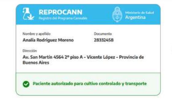 Carnet de REPROCANN que autoriza la tenencia y trasporte de cannabis para fines medicinales. 