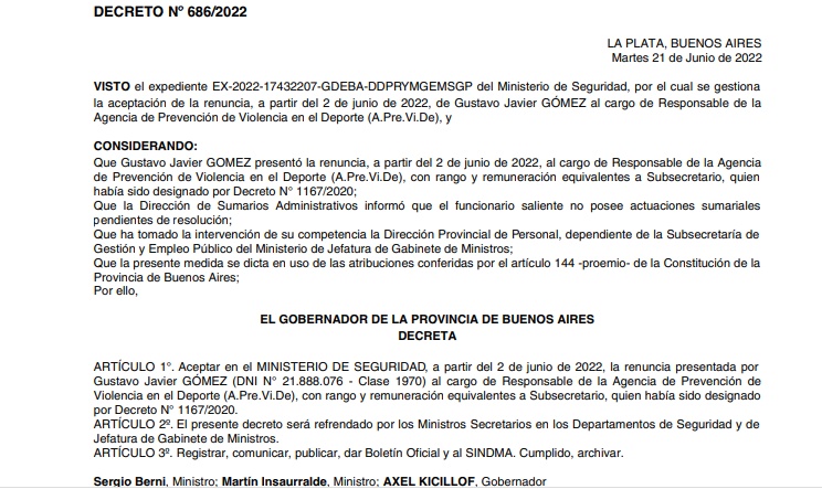 Resolución que oficializa la salida de Gustavo Gómez de Aprevide. 