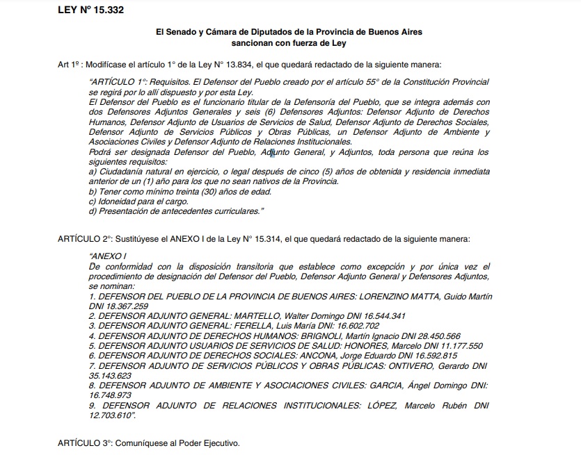 El decreto que oficializó la nueva estructura de la Defensoría del Pueblo bonaerense. 