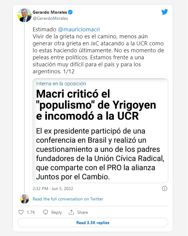 Gerardo Morales acusó a Macri de "querer romper" Juntos por el Cambio. 