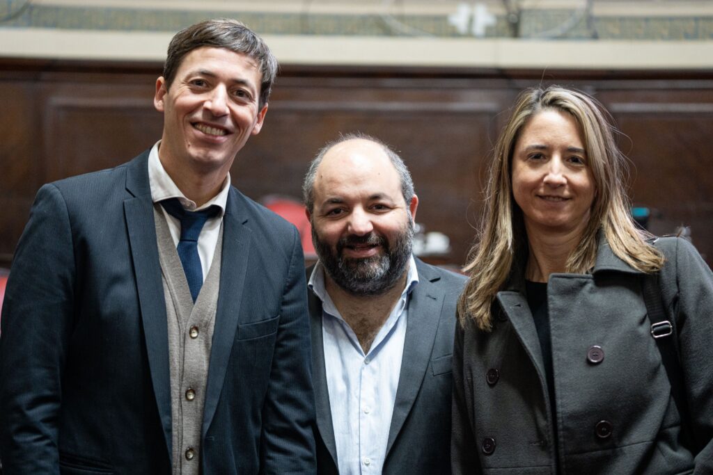Ariel Martínezs Bordaísco, Agustín Máspoli y Flavia Delmonte en la sesión especial del Senado bonaerense. 