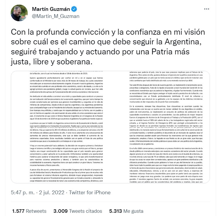 MArtín Guzmán presentó una carta de renuncia de siete páginas mientras hablaba Cristina Kirchner.