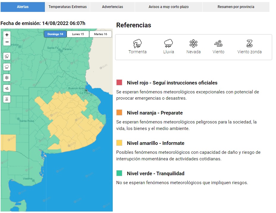 El área afectada por la alerta amarilla que rige este domingo en la provincia de Buenos Aires. 