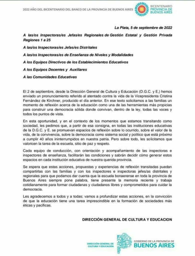 La Dirección General de Cultura y Educación llamó a la "reflexión" por el atentado a Cristina Kirchner. 