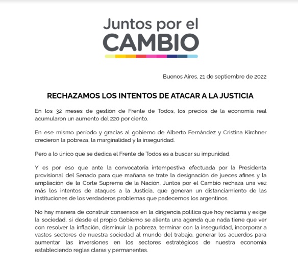 El comunicado de Juntos por el Cambio en rechazo a la reforma de la Corte.   