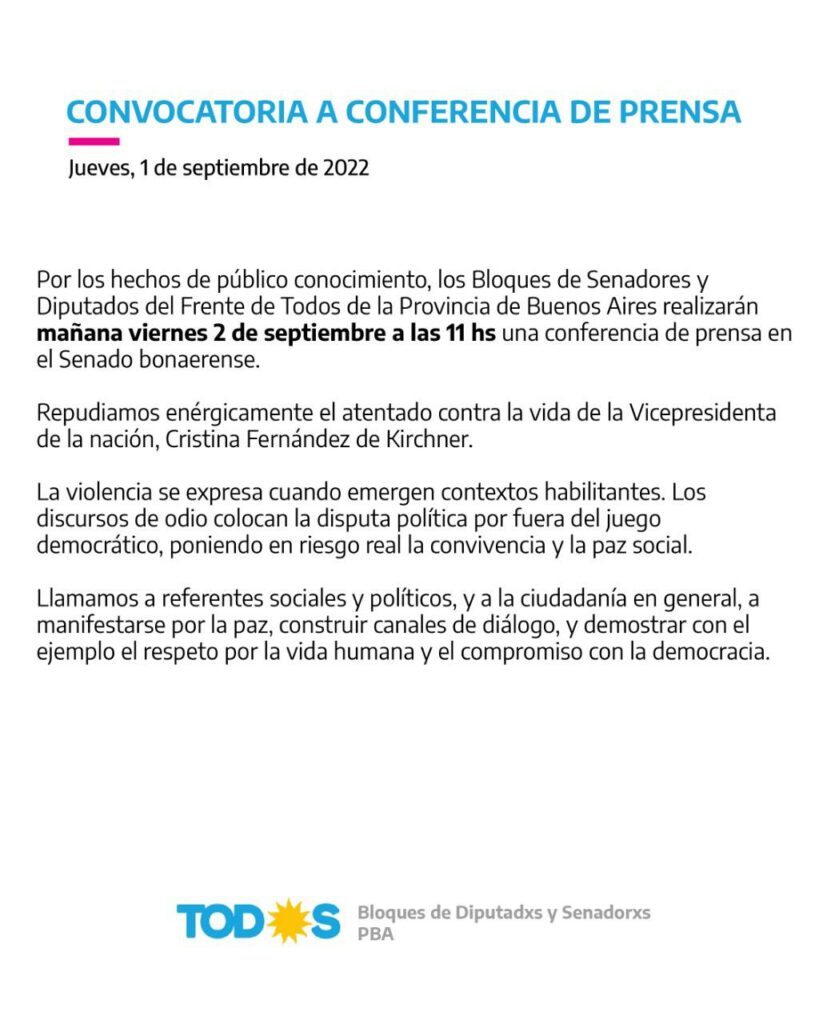 Atentado a Cristina Kirchner. El comunicado de los diputados y senadores del Frente de Todos. 