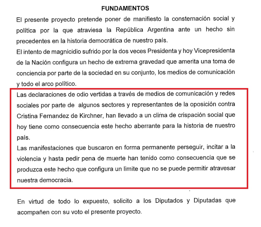 El proyecto de repudio al atentado a Cristina Kirchner que presentó el Frente de Todos. 