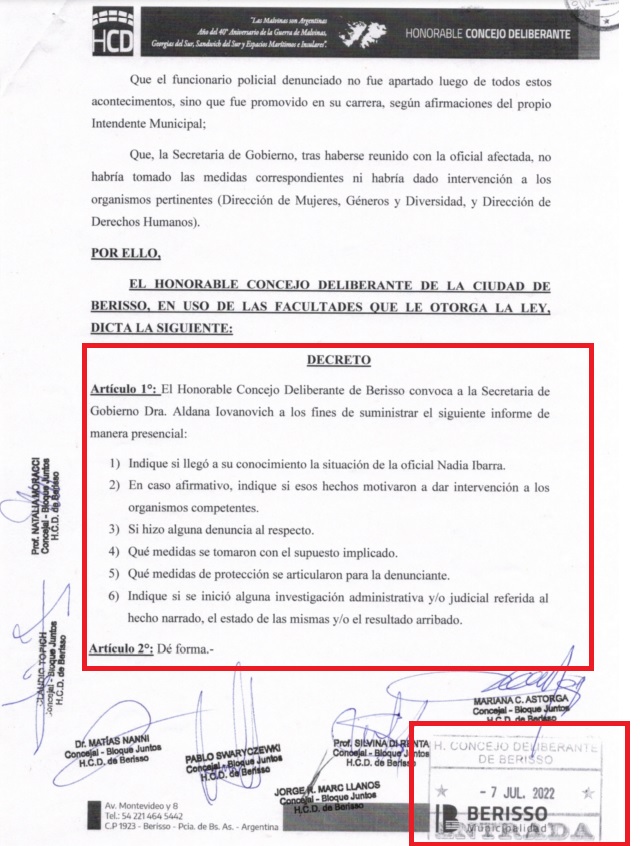 Abusos en la Policía Bonaerense. El primer pedido de informes en Berisso, de principios de Julio de 2022.