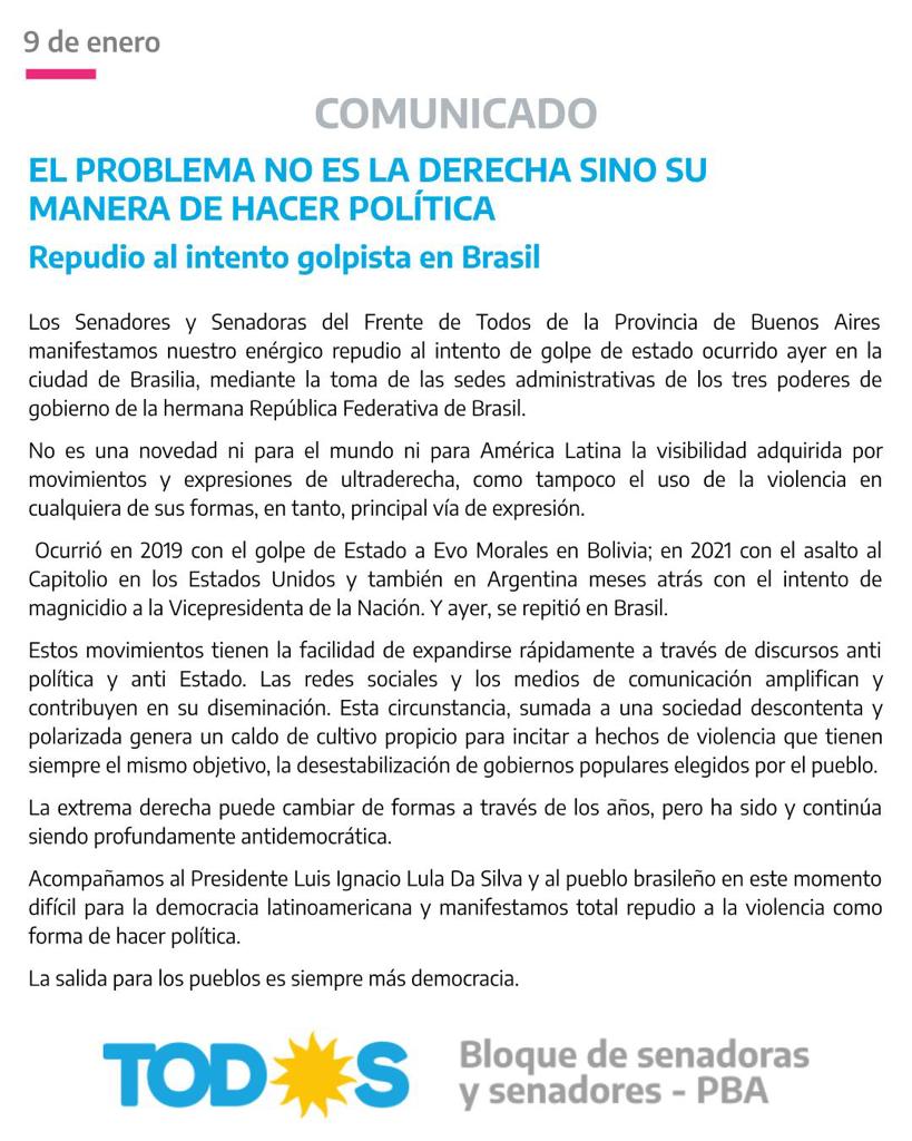 El comunicado de los senadores bonaerenses del FdT sobre el intento de goipe en Brasil.