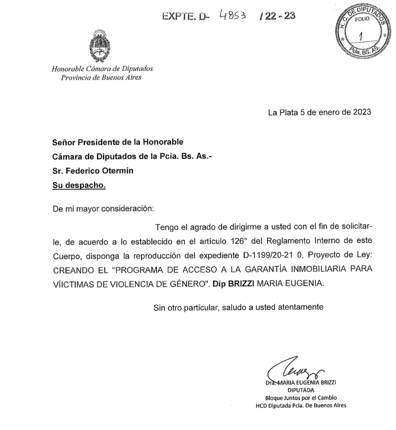 La nota de la diputada María Eugenia Brizzi al titular del cuerpo Federico Otermín. 