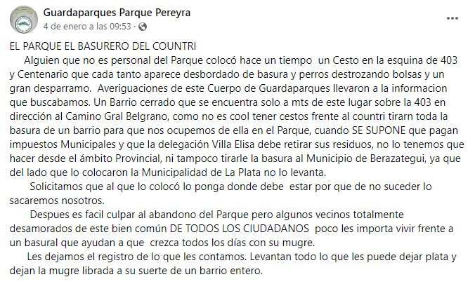 El posteo de los trabajadores del Parque Pereyra de La Plata sobre el basural del country Villalba.