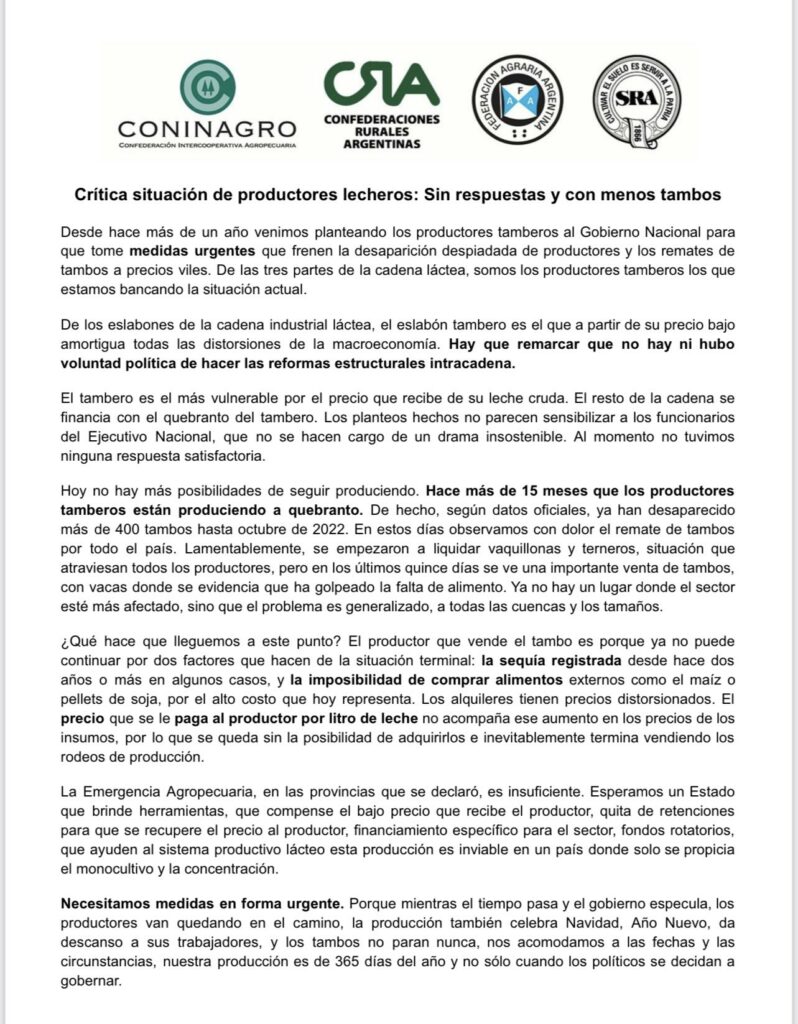  El comunicado de CONINAGRO sobre la crisis de los tambos. 