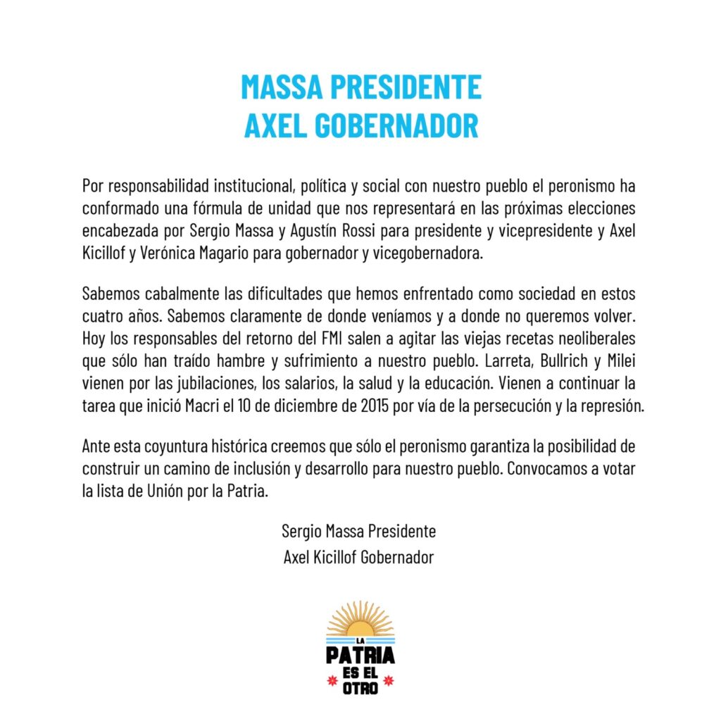 Andrés “el Cuerno” Larroque emitió un comunicado a través de La Patria es el Otro que llama a votar la fórmula que encabezará Massa. 