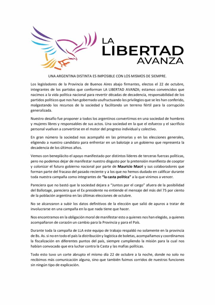 El comunicado firmado por ocho de los 13 diputados bonaerenses electos de La Libertad Avanza.
