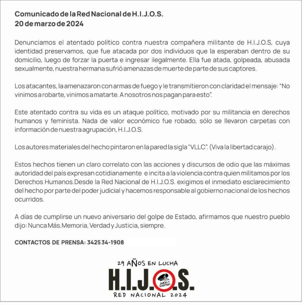 HIJOS denunció que una militante sufrió un atentado político y responsabilizó al Gobierno de Javier Milei por incitar a la violencia.