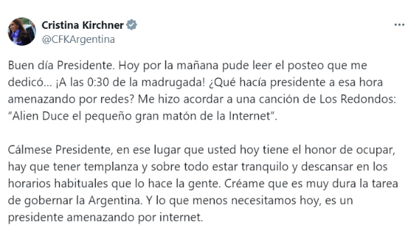La respuesta de Cristina Kirchner a Javier Milei. 