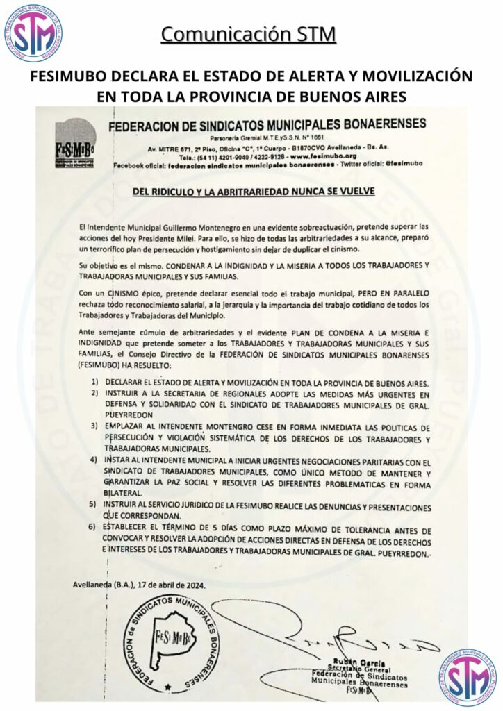 El sindicato de trabajadores municipales declaró el estado de alerta en toda la Provincia en solidaridad con los empleados de Mar del Plata.
