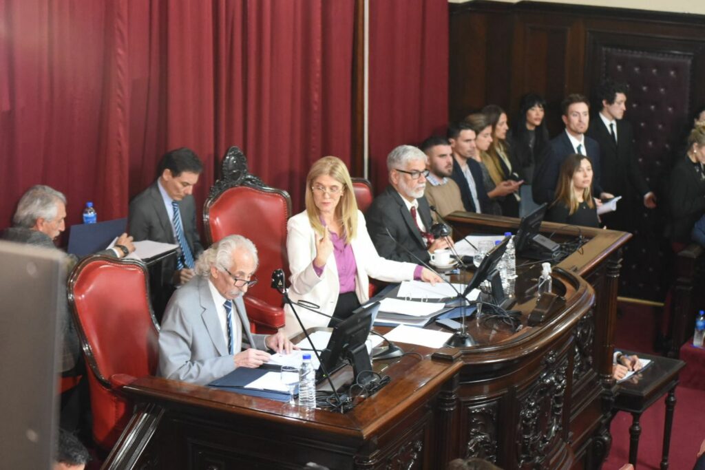 Las autoridades del Senado bonaerense, encabezados por la vicegobernadora Verónica Magario, durante la tercera sesión ordinaria del año